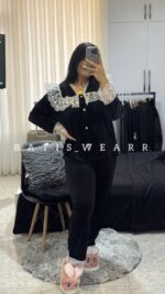 ست بلوز شلوار مخمل گیپوری مشکی